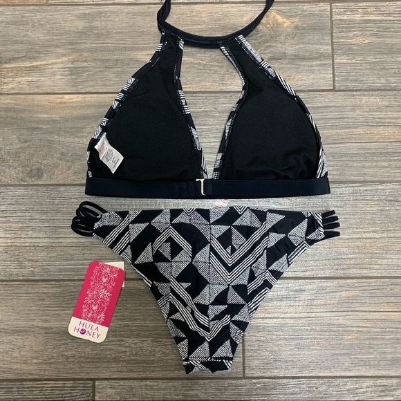Hula Honey Juniors Bikini Halter Top & Bottom Medium Maze Muse Black & White - Picture 4 of 8